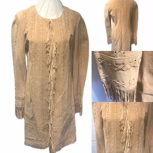 Newport News 100% leather coat tan western southwestern fringe unlined…